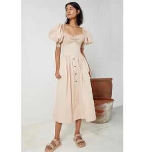 S/W/F Puff Sleeve Sweet Heart Midi Dress Small Tan NEW